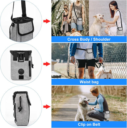 Airline Approved Dog Travel Bag with 2 Dog Treat Training Pouches, Tote Organizer for Weekend Pet Travel Supplies & Accessories, 2 Collapsible Bowls, 2 Food Container (Grey)