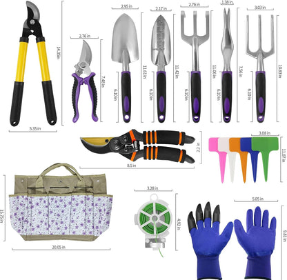 Gardening Tools – 42 Piece Premium Gardening Tool Set,Heavy Duty Hand Tools with Fashion Garden Tools Organizer Handbag,Rust-Proof Gardening Tool Kit, Ideal Gardening Gifts for Women((Purple Floral)