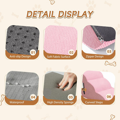 Romrol Dog Stairs Ramp for High Beds Couches, High Density Foam Pet Steps with Durable Non-Slip Waterproof Fabric Cover, Dog Stairs for Small Dogs or Cats or Pets, 3-Step,15 Inch,Pink