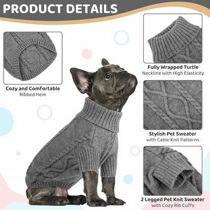 Queenmore Small Dog Pullover Sweater, Cold Weather Cable Knitwear, Classic Turtleneck Thick Warm Clothes for Chihuahua, Bulldog, Dachshund, Pug (Slate Grey, X-Small)