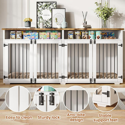 72'' Dog Crate Furniture for 2 Dogs, Wooden Dog Cage with Storage Compartment, Indoor Dog Kennel with 4 Doors for Large/Medium Dogs, White