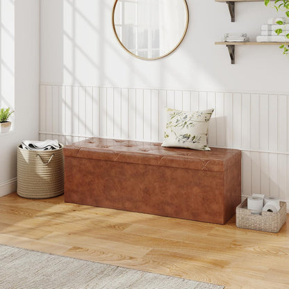 Sweetcrispy 43 Inches Folding Ottoman with Storage Bench, Foot Rest Stool, End of Bed Storage Bench Upholstered, Load 660 lbs, for Living Room, Synthetic Leather, Brown