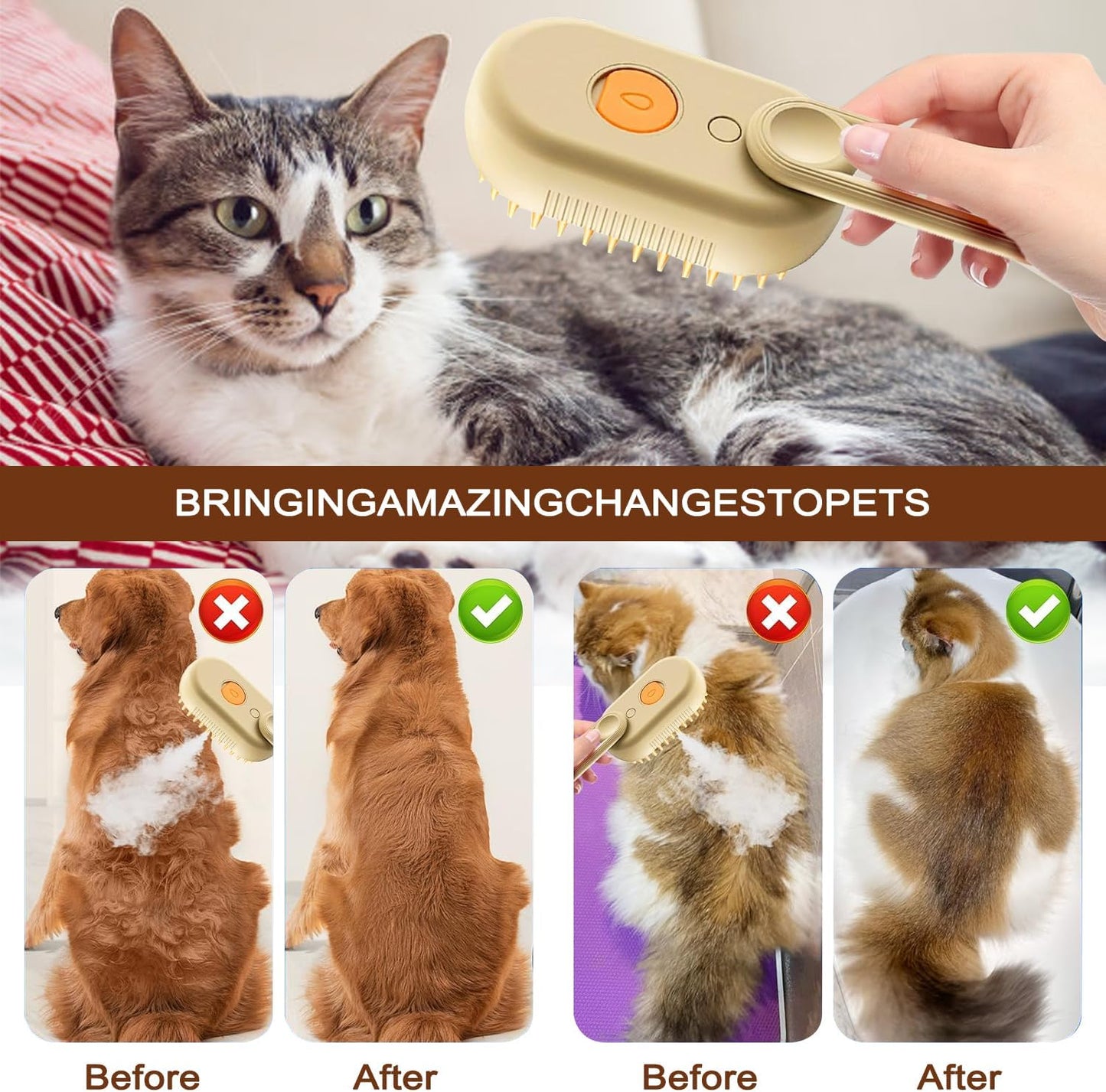 Cat Steam Brush for Shedding, 2025 New 4 in 1 Rechargeable Steam Pet Brushes for Cats & Dogs, Indoor Anti-static Pets Brush for Massage, Cleaning, Shedding & Combing Hair (Beige)