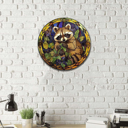 Lygond Metal Sign Tin Sign Circular Stained Glass Raccoon Minimalist Wall Art for Club 8×8 Inches