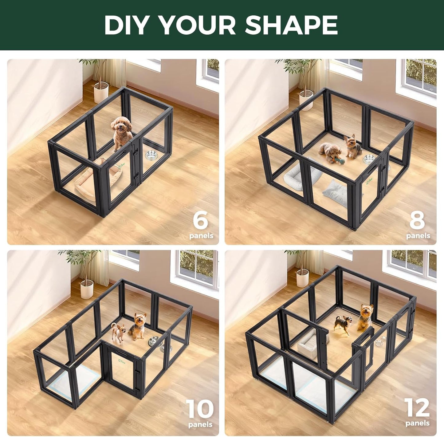 FXW AuraSpace Acrylic Indoor Unleashed Dog Playpen for Puppies and Small Dogs, 24 Inch, 16 Panels, Black
