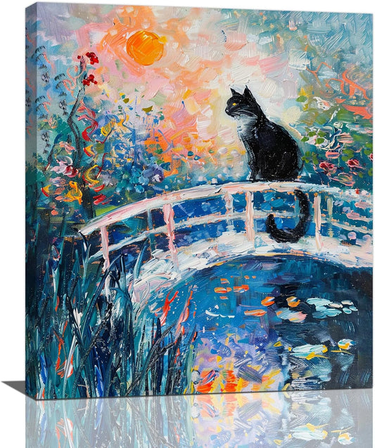 Quorin Black Cat Wall Art Water Lily Sunset Pictures Cat Wall Decor Impressionism Canvas Print Painting Artwork for Bathroom Living Room Bedroom 20"x24"