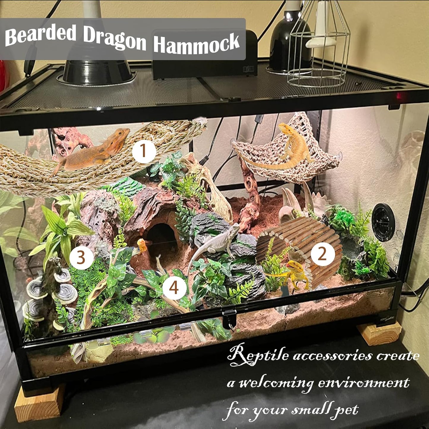 kathson Reptile Hideout Wooden Bridge Bearded Dragon Hammock Reptiles Jungle Climbing Vines Flexible Leaves Bearded Dragon Accessories for Lizard Gecko Chameleon Snake Hamster(5 Pcs)