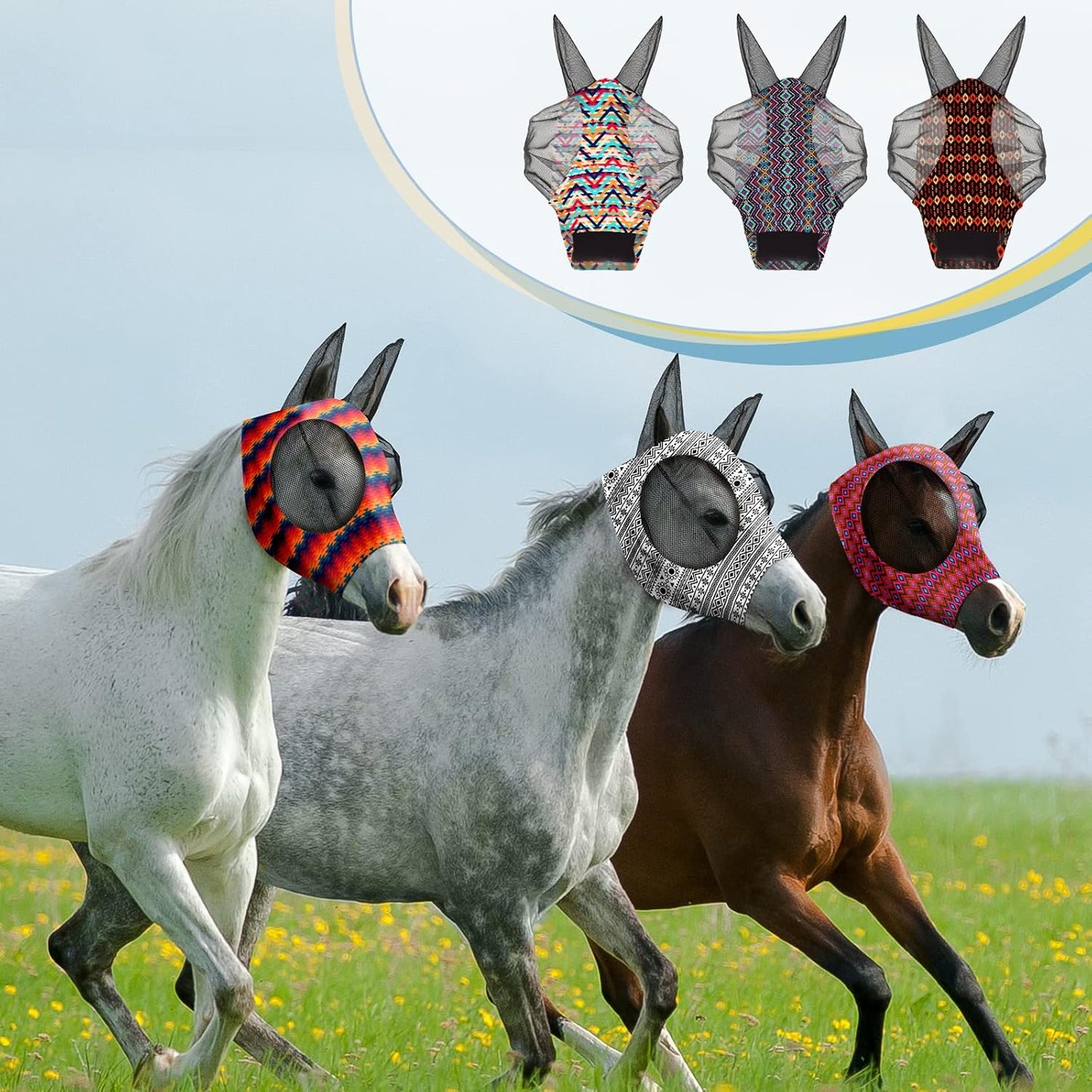 Qualirey12 Pieces Horse Fly Mask Bulk Comfortable Elasticity Mask for Horses with Ears Net UV Protection Breathable Horse Supplies Face Covering for Horse Pony and Foal (Geometric Patterns, Large)