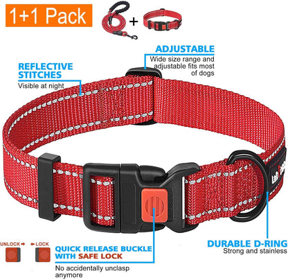 Heavy Duty Dog Leash - Comfortable Padded Handle, 5 ft Long - Dog Leashes for Small Medium Large Dogs (Leash+Collar XS Neck 10.5"-13.5", Red)
