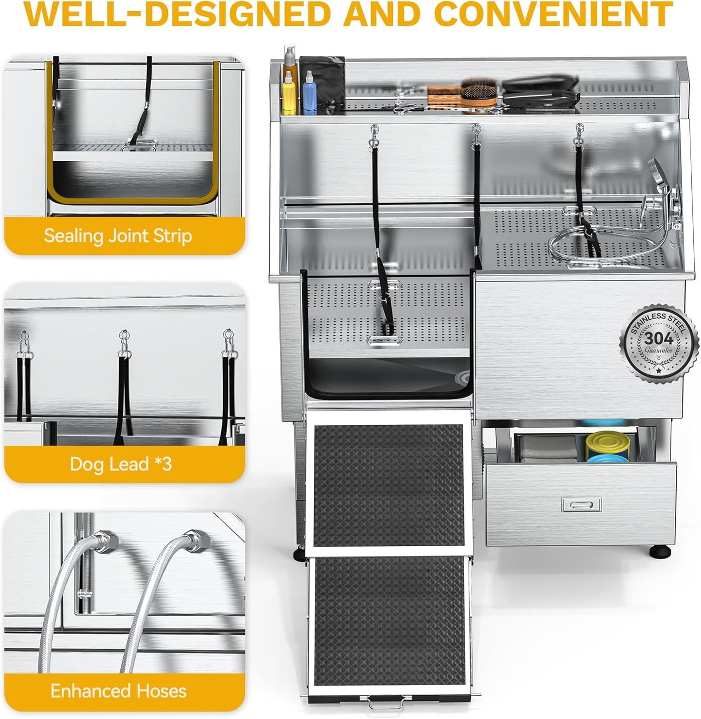 DWVO Professional Dog Bathing Station Stainless Steel 304 Pet Bathtub, 50in Dog Grooming Tub w/Right Door Ramp, 2 Storage Drawers, Grate, Pet Washing Station for Large, Medium, Small Pets