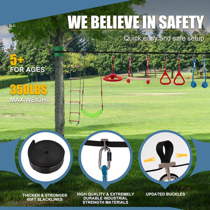 Slsy 60FT Ninja Warrior Obstacle Course (10 Obstacles), Ninja Slackline Kit for Kids, Durable Playset Equipment with 10 Complete Set-Monkey Bar,Swing, Climbing Ladder & Net