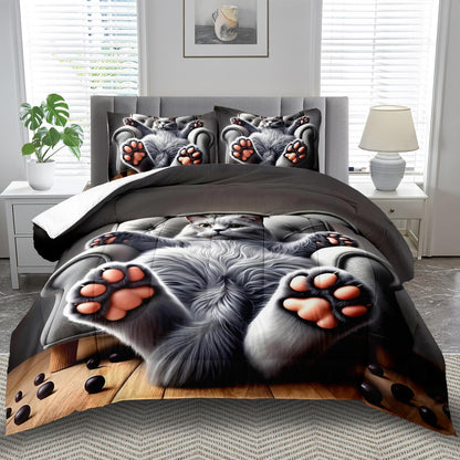Cute Cat Comforter Set King,Grey Kawaii Cat Bedding Set Adult,Cute Animal Comforter for Boy,American Shorthair Bedding Grey,Kawaii Animal Print Quilt Bedroom Decor Kids