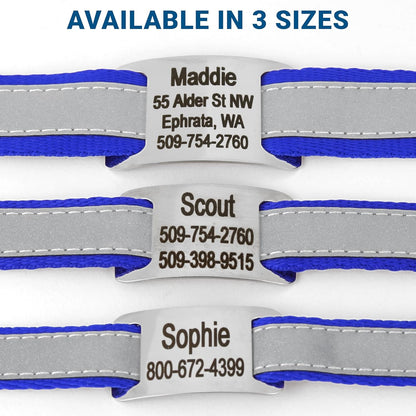 GoTags Reflective Personalized Dog Collar with Nameplate, Adjustable Dog Collar with Custom Engraved Steel Slide On Pet ID Tag, Silent, No Noise Dog Tag for Large Medium or Small (Blue, Small)