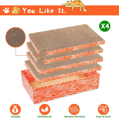Cat Scrather Box with 4 pcs Large Scratching Cardboard and Toy Ball, Catnip, 4 in 1 Large Refillable & Reversible Cat Scratcher Pad, Cardboard Cat Bed for Big Medium Small Lazy Kitty