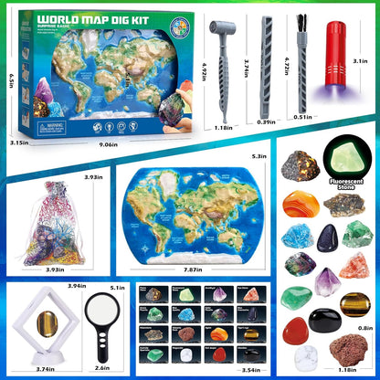 World Map Dig Kit - Gem Rocks Excavation Kit, Gemstone for Kids, Fossil Rock Toys Dig Kits for Collection, World Map Toys for Boys Girls 6 and up Year Old Birthday Gifts