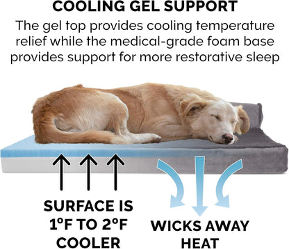 Furhaven Cooling Gel Dog Bed for Medium/Small Dogs w/ Removable Bolsters & Washable Cover, For Dogs Up to 35 lbs - Plush & Velvet L Shaped Chaise - Platinum Gray, Medium