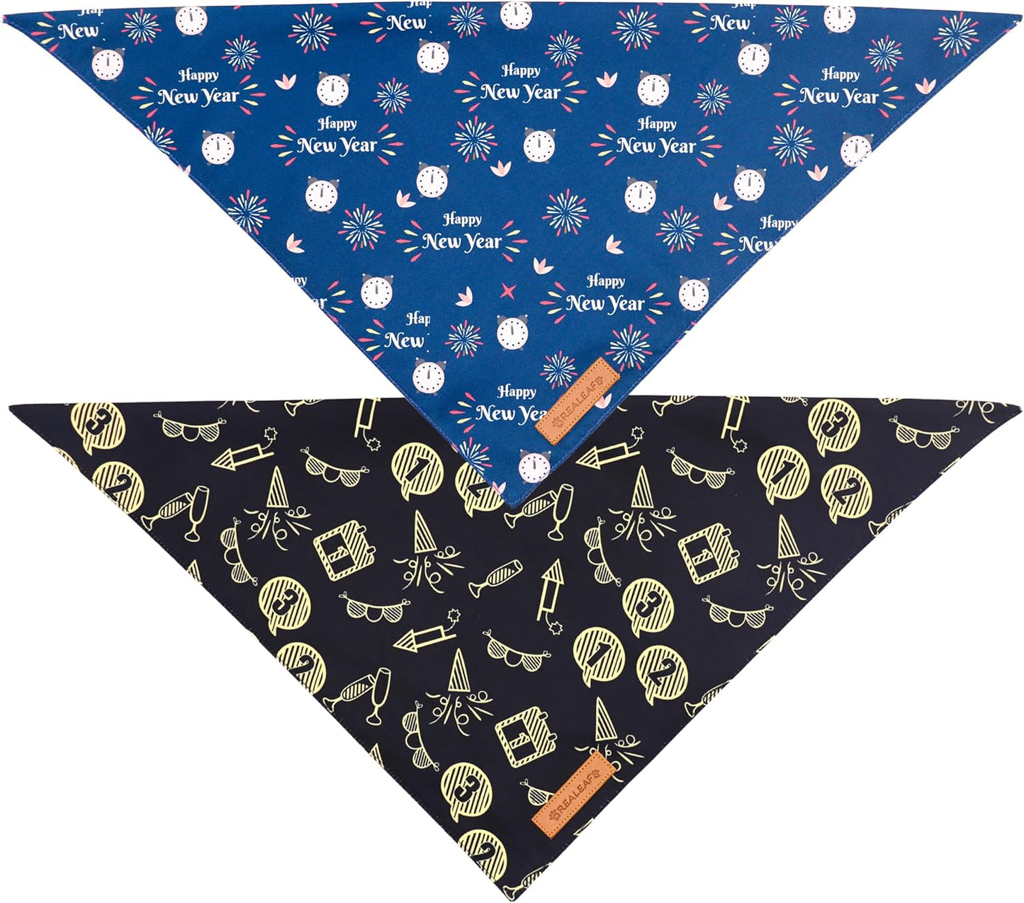 Realeaf Happy New Year Dog Bandanas 2 Pack, Reversible Holiday Pet Scarf for Boy and Girl, Premium Durable Fabric, Bandana for Small Medium Large and Extra Large Dogs (Small)