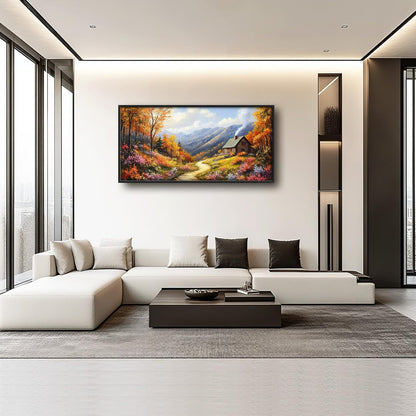 Framed Large Autumn Mountain Wall Art for Living Room, Oversized Wildflower Tree Wall Decor Nature Landscape Canvas Painting Modern Artwork Home Decoration for Living Room Bedroom 60"x30"