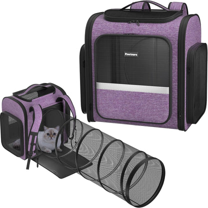 Pawtners Cat Carrier Backpacks Expandable Cat Backpack with Breathable Mesh, Pet Carrier Backpack for Cats Small Dogs Puppies Up to 18 Lbs, Dog Carrier Backpack for Travel Hiking Camping Outdoor
