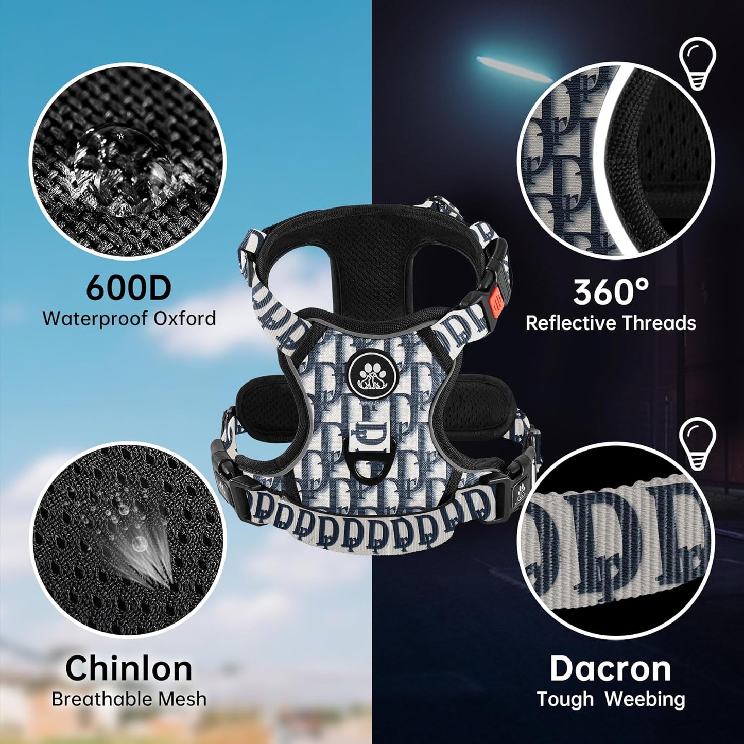 NESTROAD No Pull Dog Harness,Adjustable Oxford Dog Vest Harness with Leash,Reflective No-Choke Pet Harness with Easy Control Soft Handle for Large Dogs(Large,Vintage Blue)