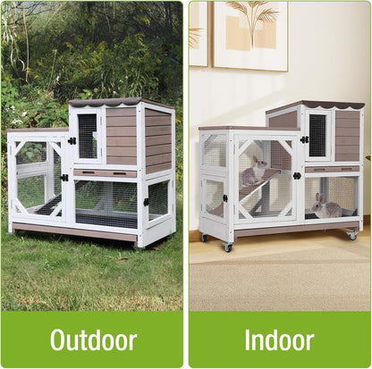Wooden Rabbit Hutch with Two Story, Bunny Cage with Leak-Proof Trays, and Chew-Proof Ramp, Guinea Pig Cage with Wheels, Suitable for Indoor/Outdoor Use (Brown)