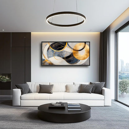 Large Abstract Wall Art for Living Room, Oversized Abstract Circle Wall Decor, Black and Golden Abstract Canvas Painting Modern Artwork Home Decoration for Living Room Bedroom Office Framed 60"x30"