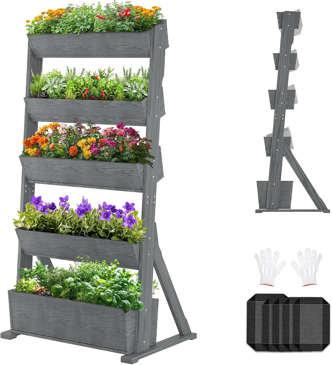 SUNYRISY 5 Tiers Vertical Raised Garden Bed Outdoor Planter Tower, Wooden Freestanding Planter Box for Planting Herbs Flowers Vegetables Backyard Patio Balcony Indoor Outdoor Gardening, Grey