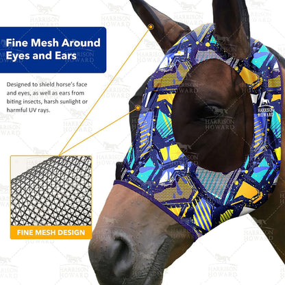 Harrison Howard Super Comfort Stretchy Fly Mask Large Eye Space with UV Protection Soft on Skin with Breathability Graffiti Mix (L; Full Size)