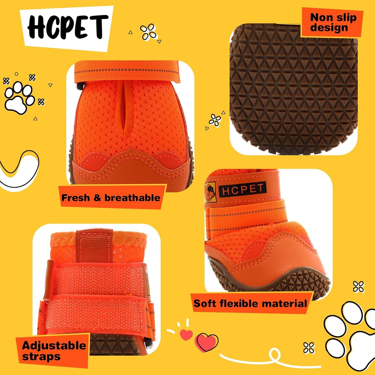 Hcpet Dog Shoes for Large Dogs, Breathable Dog Booties for Small Medium Dogs, Anti-Slip Dog Boots & Paw Protectors for Hot Pavement Winter Snow Hiking with Reflective Straps Orange Size 5