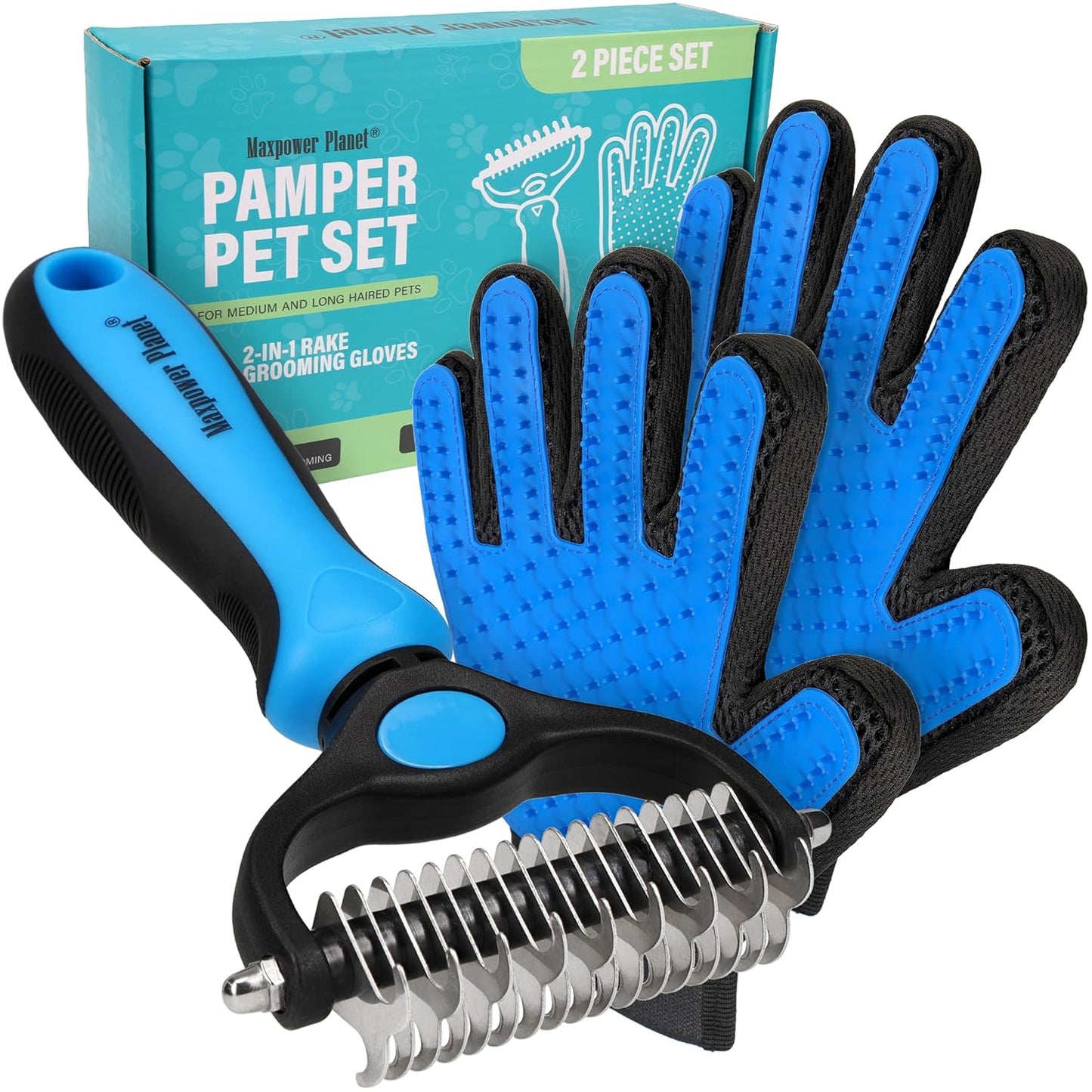 Maxpower Planet Pet Grooming Brush and 2X Grooming Gloves Combo - Double Sided Dematting, Deshedding Undercoat Rake for Dogs and Cats - Reduce Shedding Easily - Blue