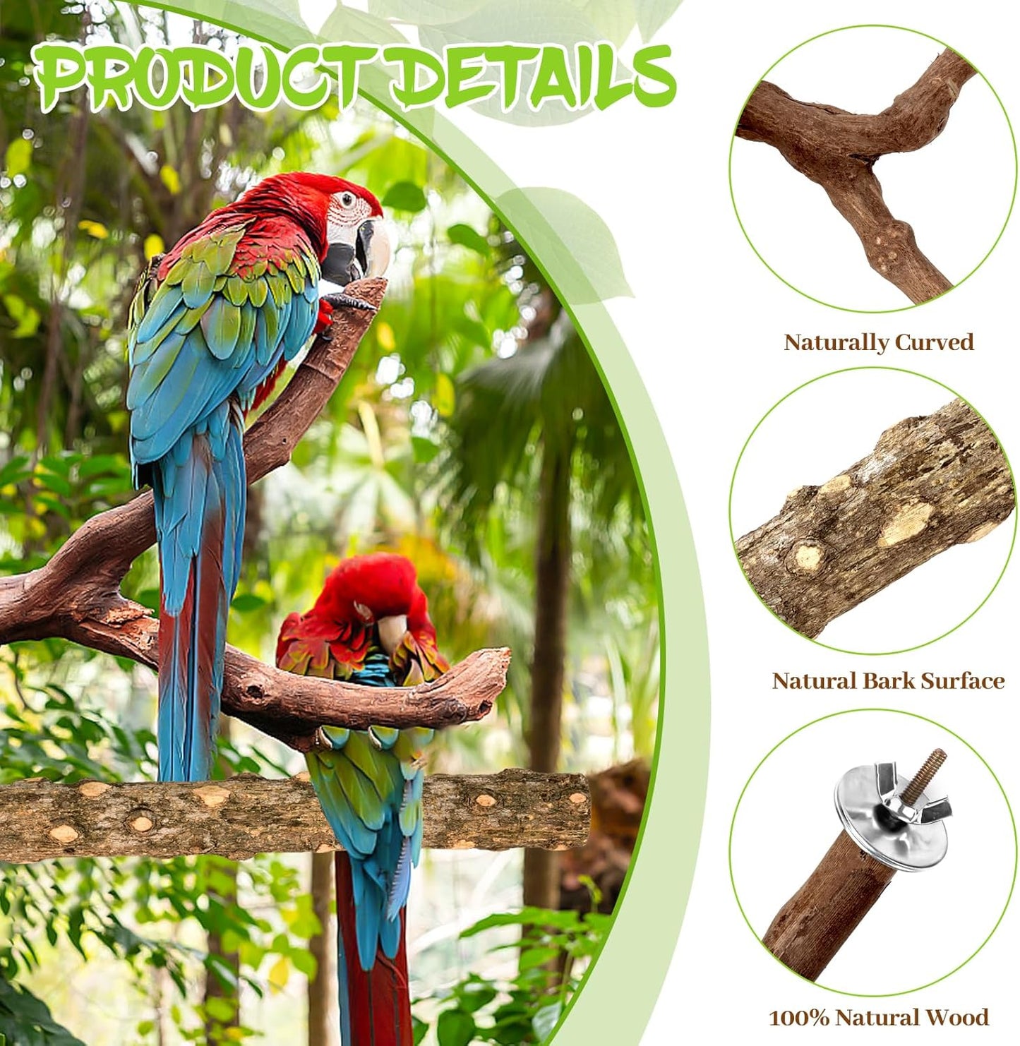 8PCS Natural Grape Wood Bird Perch Set - Parrot Cage Stand with Paw Grinding Forks, Chewing Sticks & Exercise Branches for Parakeets, Cockatiels, Conures, Budgies, Finches