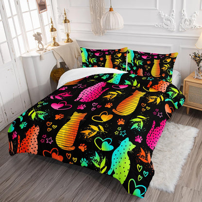 Kawaii Cat Animal Comforter 3Pcs Full Lovely Pet Cat Bedding Set for Kid Teen Girl Boy Adult Room Decor Cartoon Kitten Paw Heart Bamboo Leaf Pattern Quilt with 1 Comforter and 2 Pillowcases