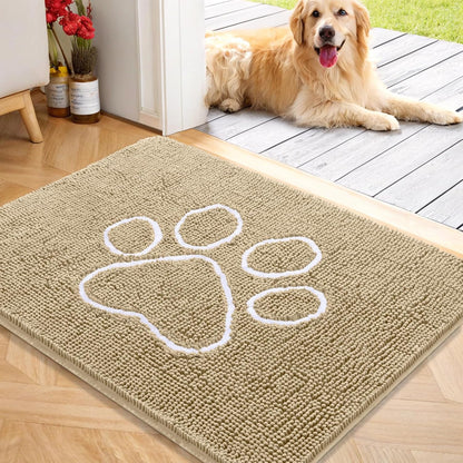 OLANLY Door Mat for Muddy Dog Paws 40x32, Ultra Absorbent Chenille Mud Doormat with Paw Print Design, Non-Slip Washable Doormat for Indoor Entryway, Quick-Dry Pet Bed Mats for Dirty Dogs, Beige