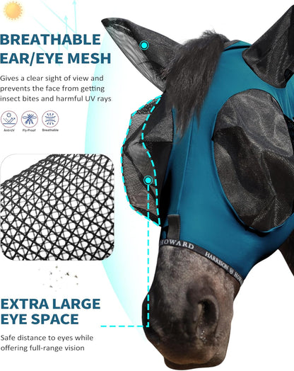 Harrison Howard Horse Fly Mask with Forelock Opening Stretch Breathable and Comfortable for Horses UV -Protection Peacock Blue L