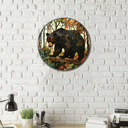 Lygond Metal Sign Tin Sign Circular Stained Glass American Black Bear Gardening Poster for Bar 8×8 Inches