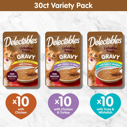 New! Delectables Gravy Lickable Wet Cat Treat & Food Topper, Variety, 30 Pack