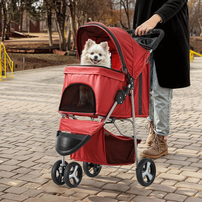 MoNiBloom 3 Wheels Pet Stroller, Foldable Puppy Cage Jogger Stroller with Weather Cover for All-Season, Storage Basket and Cup Holder, Breathable and Visible Mesh for Small/Medium Pets, Red