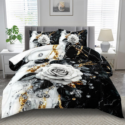 Marble Floral Comforter Set for Full Bed Women,Vintage Flower Bedding Set Full,White and Black Comforter Rose Quilt for Girls,Rose Bedding Floral Bedroom Decor Adults