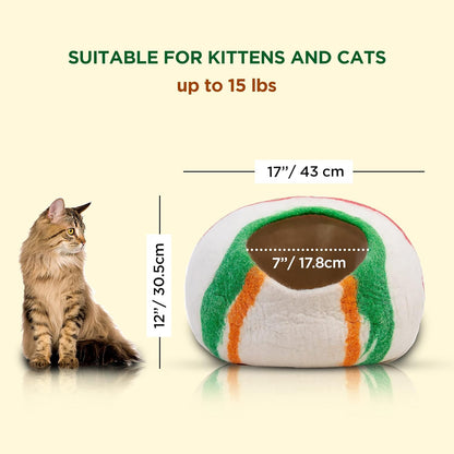 Woolygon Premium Felt Cat Cave Bed – Wool Kitty Beds Handcrafted Kitten Caves Bed for Indoor Cats - Made from 100% Eco-Friendly Merino Wool, Foldable Cat Hidewawy Covered Cat House Pod (Candy Swirl)