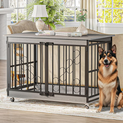 COZPAW Dog Crate Furniture, 48 Inch Dog Crates for Medium/Large Dogs, Farmhouse Wood Dog Kennel Indoor Heavy Duty Dog Cage with Caster Wheels (Gray)