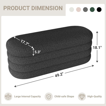 Storage Ottoman Bench 49.2 Inch Upholstered Fabric Storage Bench for Bedroom End of Bed Aesthetic Large Oval Ottoman for Living Room Entryway (Black)