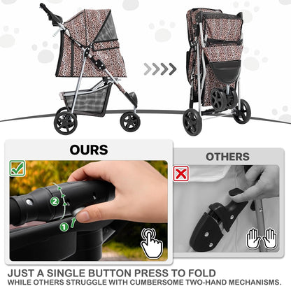 MoNiBloom 3 Wheels Pet Dog Cat Stroller for Small Medium Dogs Cats, Lightweight Foldable Jogger Stroller w/Storage Basket & Cup Holder, Leopard Print