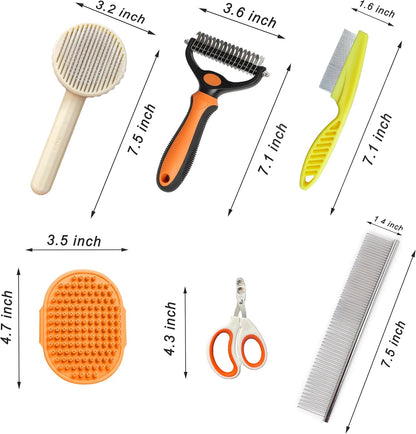 Cat Grooming Brush Kit 6 Tools - Deshedding & Dematting for Long/Short Hair, Self-Cleaning Slicker Brush with 6-in-1 Flea Comb for Cats & Kittens (Orange)