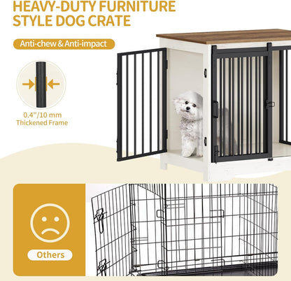 27.2" Dog Crate Furniture with Barn Door, Heavy Duty Dog Kennel Indoor with 2 Doors, Wooden Pet Cage End Table for Small Medium Dogs up to 22 lb, Anti-Chew Anti-Escape, White Brown DFC84314B