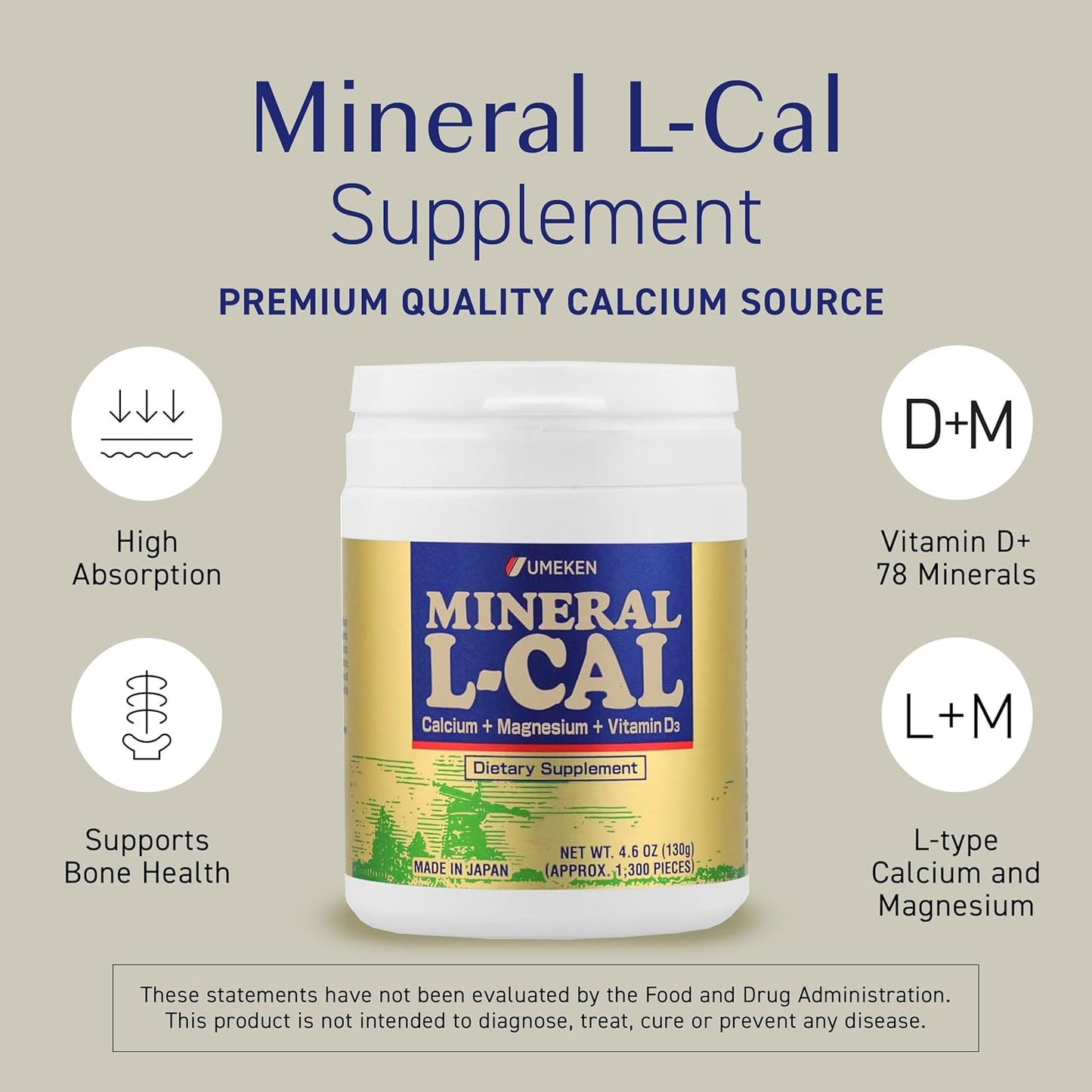 Umeken Mineral L-Cal Calcium with Vitamin D3, 2 Month Supply, Water Soluble Ball Format with Magnesium & Minerals, Fast Absorbing Calcium Magnesium D3 Supplement, 1,300 Balls, 130g, Pack of 1