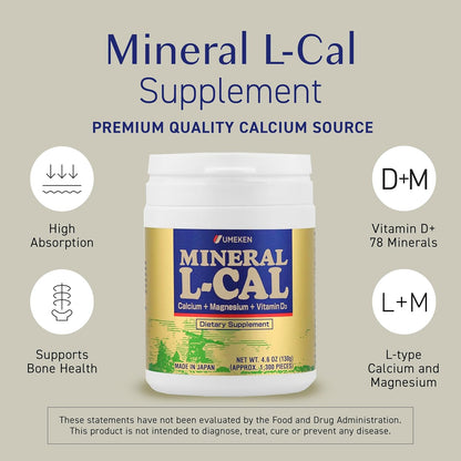 Umeken Mineral L-Cal Calcium with Vitamin D3, 2 Month Supply, Water Soluble Ball Format with Magnesium & Minerals, Fast Absorbing Calcium Magnesium D3 Supplement, 1,300 Balls, 130g, Pack of 1