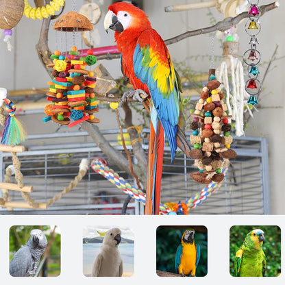 Bird Parrot Toys Natural Large Parrot Blocks Toy Colorful Bird Chewing Toys with Bells for Macaw Cockatoo African Grey Parakeets (Multicolor 01)
