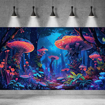 Mushrooms Aquarium Background Fantasy Bright Flowers Butterflies Fish Tank Backdrop Decoration Poster Trippy Wonderland Landscape with Giant Mystical Mushrooms Terrarium Background Decor 72x18in