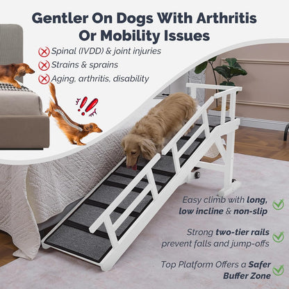 Dog Ramp for Bed or Couch, Wooden Pet Ramp with 20° Gentle Slope, Removable Side Rails, Non-Slip Surface, Top Platform & Wheels, Safe Bed Ramp for Small, Medium & Senior Dogs, 60" Long, White