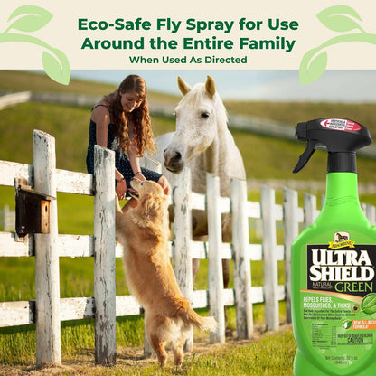 Absorbine UltraShield Green All-Natural Fly & Insect Repellent for Horses & Dogs, Essential Oils Repel & Control, 32oz Spray Bottle